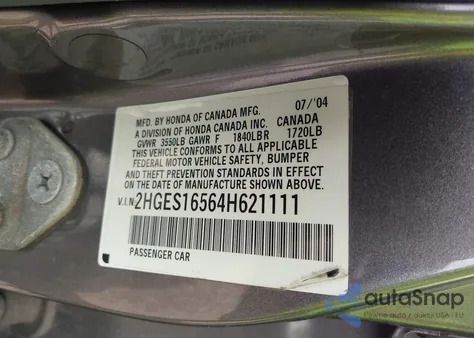 2004 Honda Civic Lx из США, поврежденный, VIN 2HGES16564H621111